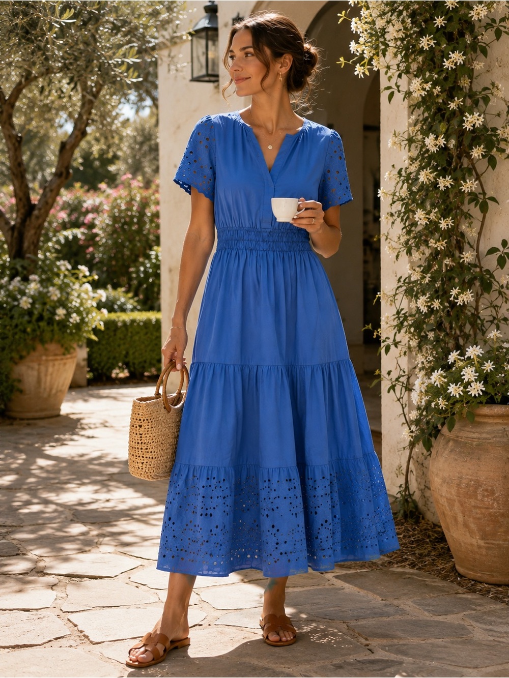Cynthia Rowley Blue Eyelet Embroidered Tiered Midi Dress Smocked Size Large - Picture 3 of 13